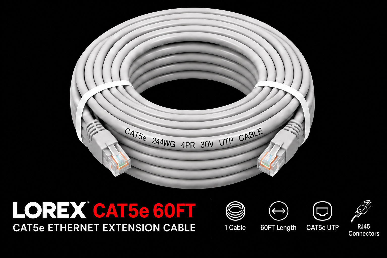 Lorex CAT5e Ethernet Cable 60ft RJ45 Network Extension Cable Gray 18.3m