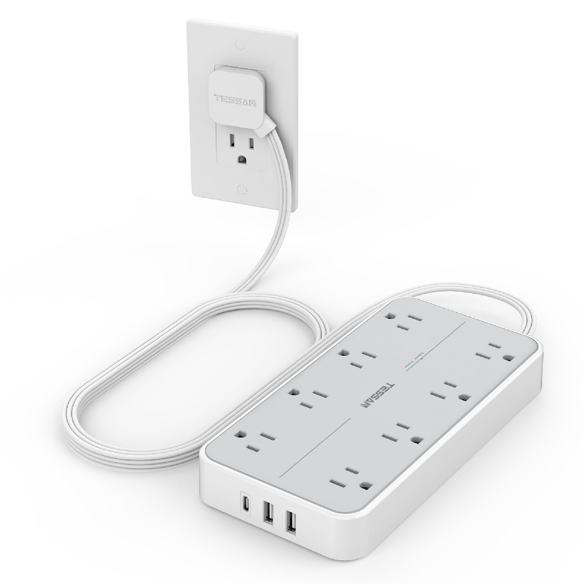 Tessan Power Strip Surge Protector Flat Plug Extension Cord 8 Outlets 3 Usb