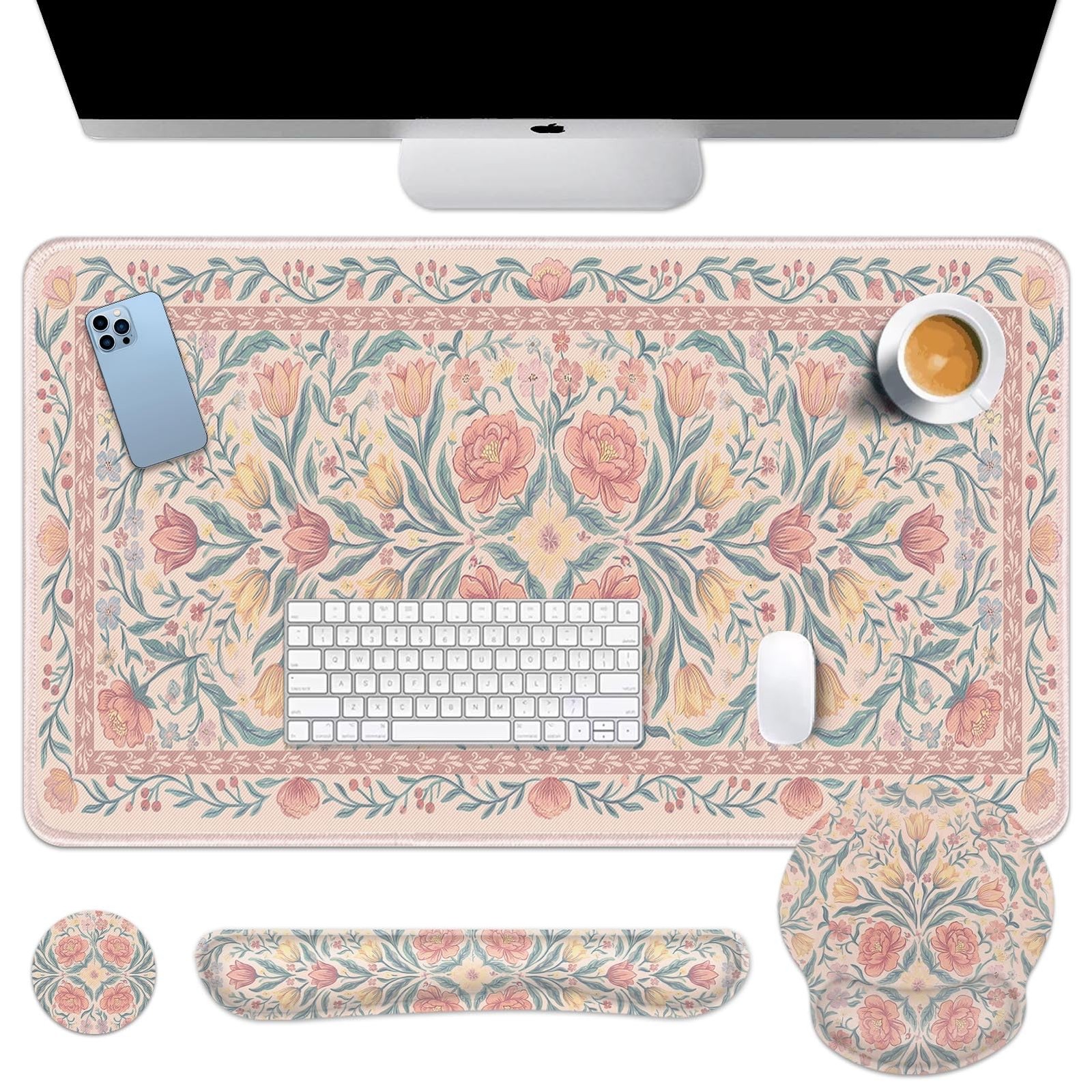 Britimes Keyboard Mouse Pad Set 4 in 1 Desk Mat Set Pink Floral