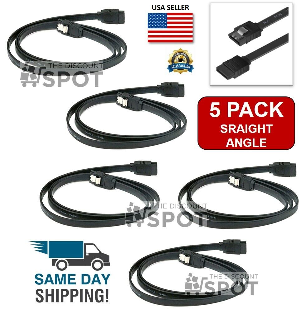 5-Pack 18” SATA III Cables Straight to Straight Angle SSD HDD Hard Drive Black