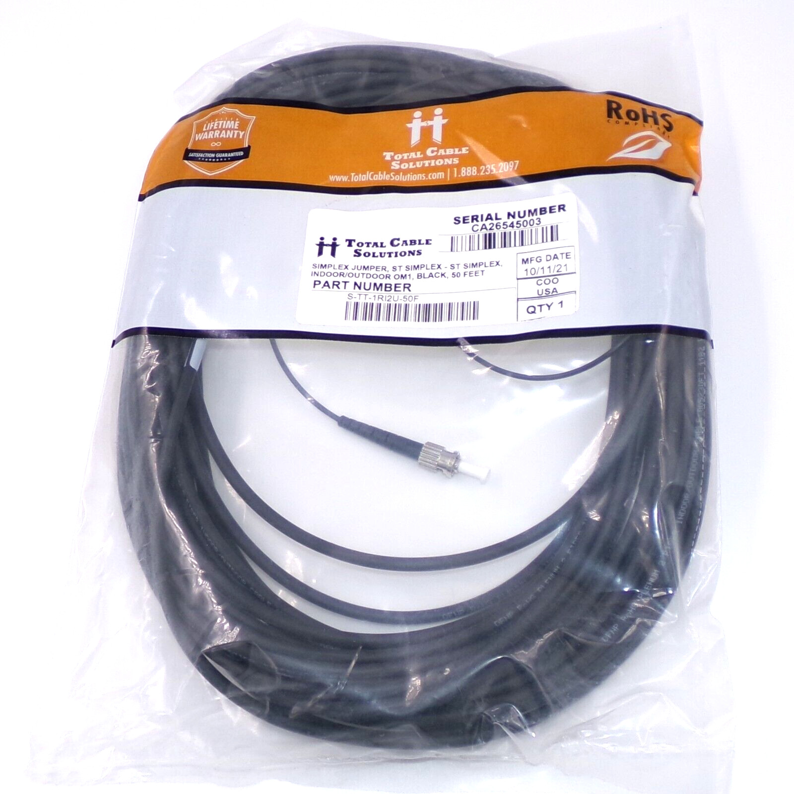Total Cable Solutions 50ft ST Simplex - ST Simplex Jumper Cable S-TT-1RI2U-50F