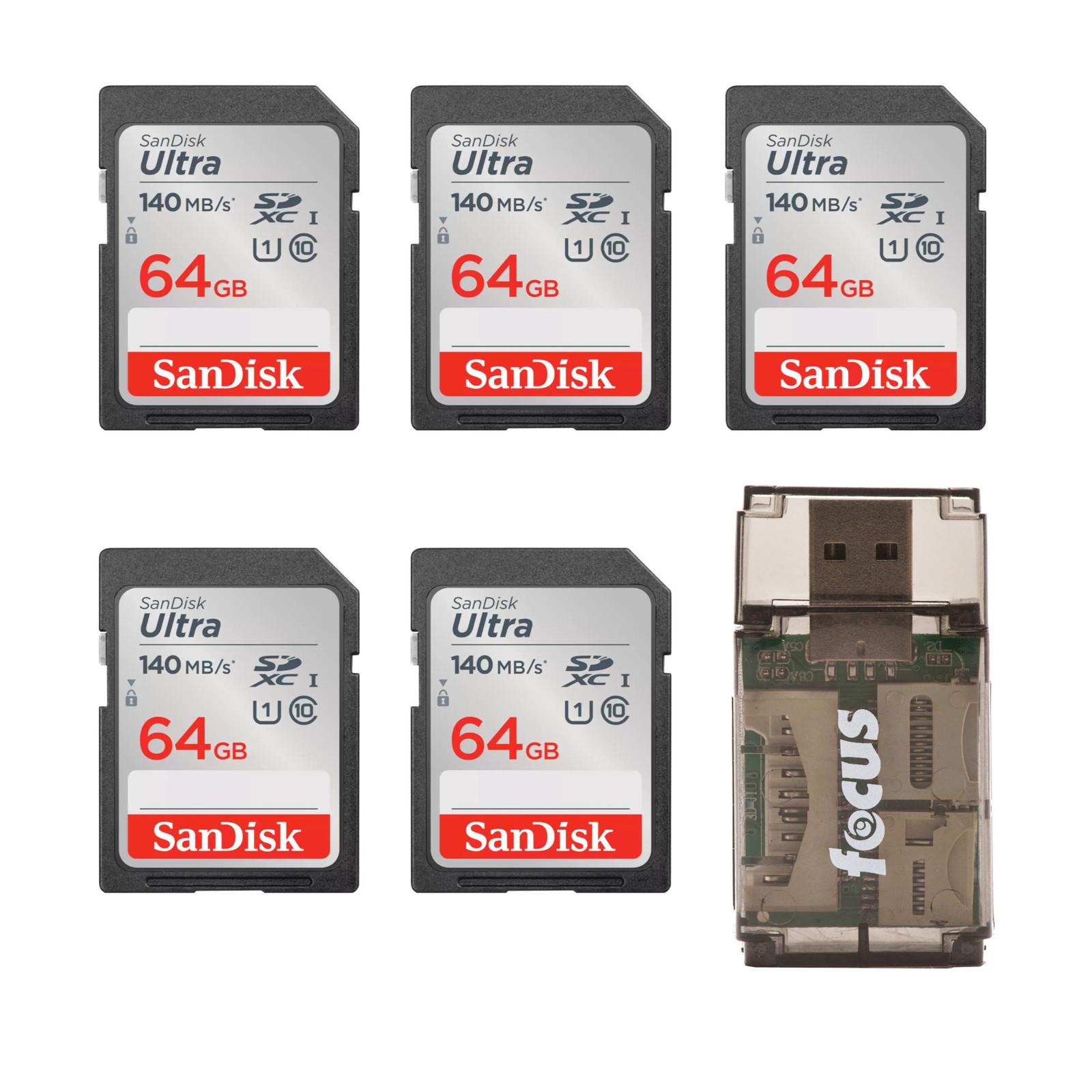 SanDisk 64GB 140 MBs SDXC Memory Card 5 pack All In One Card Reader FAST