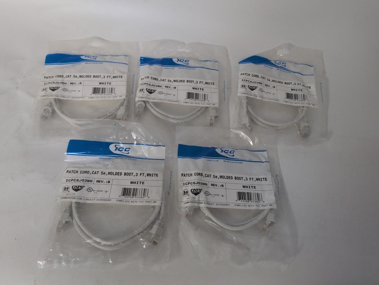 LOT OF 5 ICC ICPCSJ03WH PATCH CORD, CAT 5e, MOLDED BOOT, 3FT, WHITE
