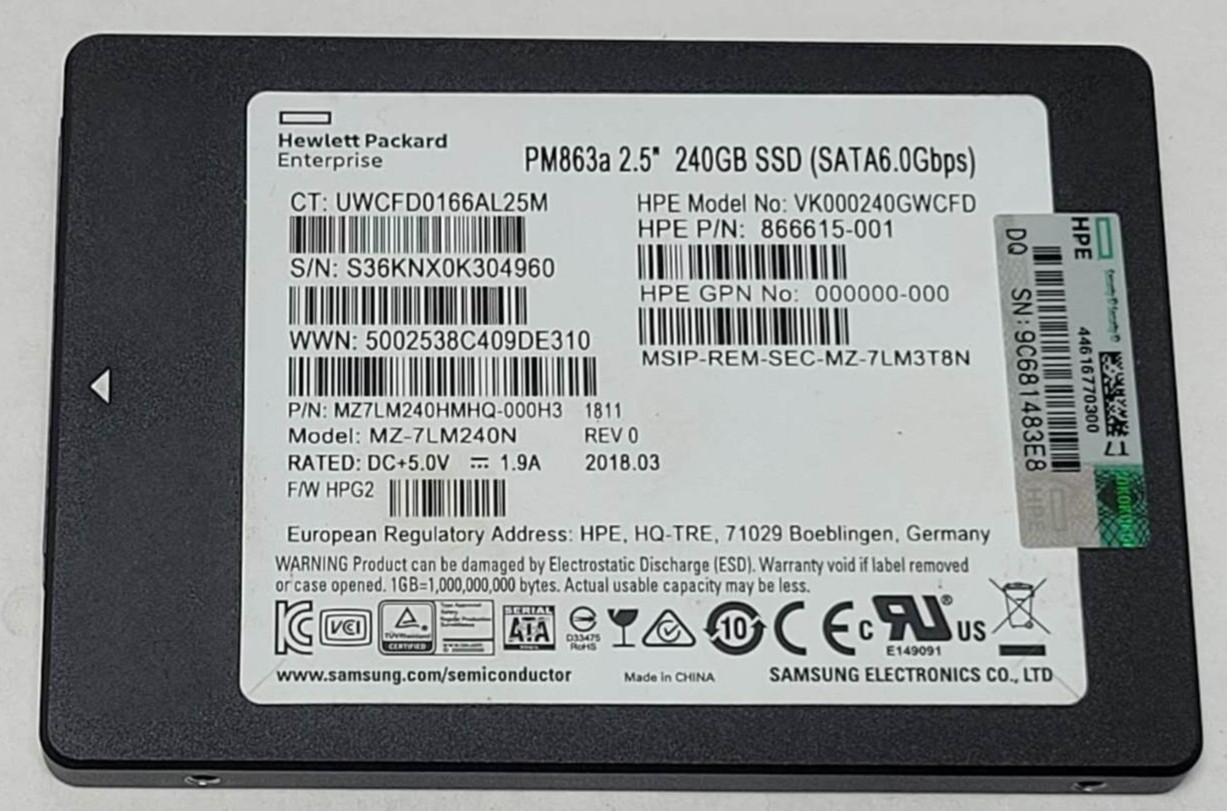 HPE SAMSUNG PM863a 240GB SATA SSD 2.5" VK000240GWCFD 866615-001 98% Health