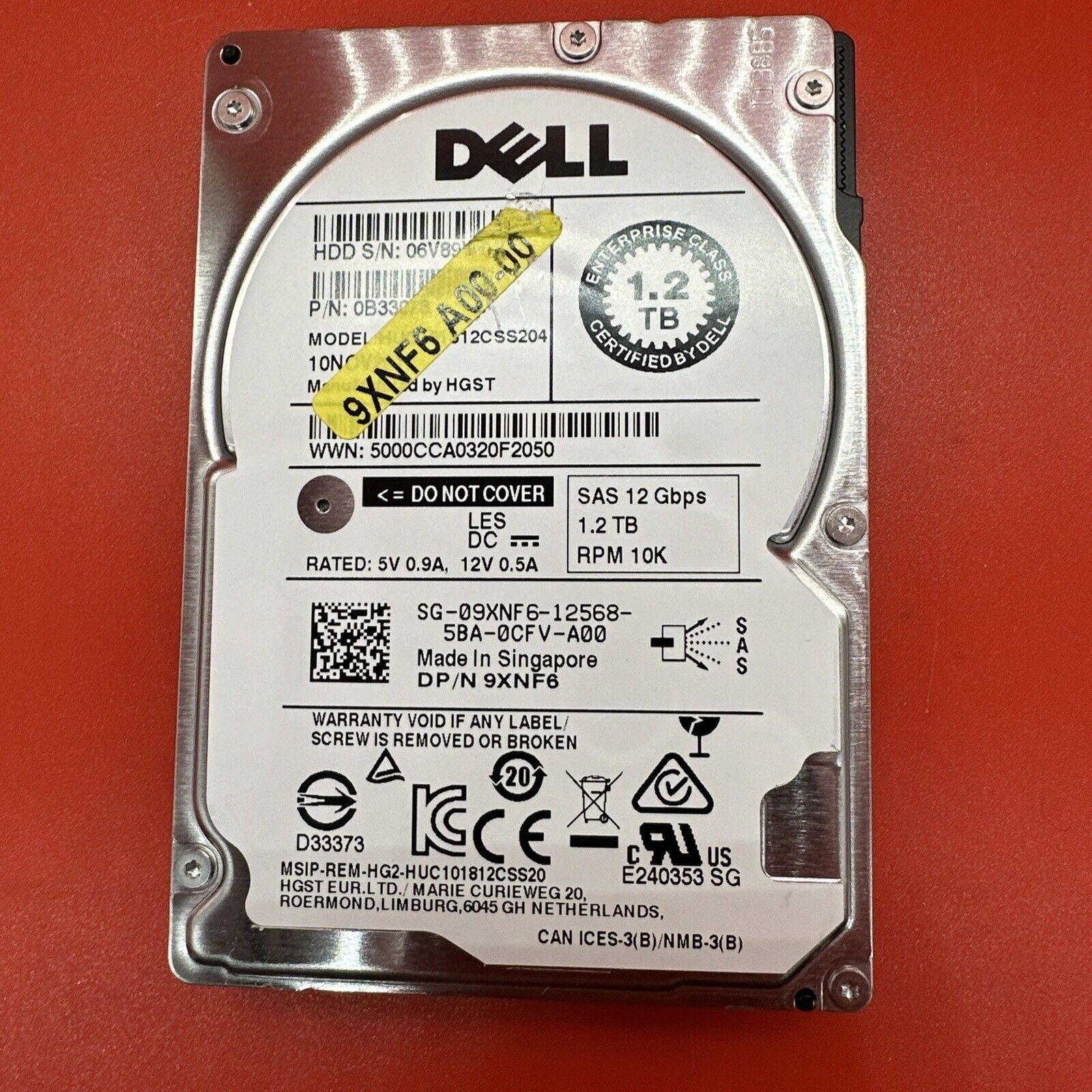 Dell 9XNF6 09XNF6 1.2TB 10K SAS 2.5 No Dell Tray 0B33078 HUC101812CSS204
