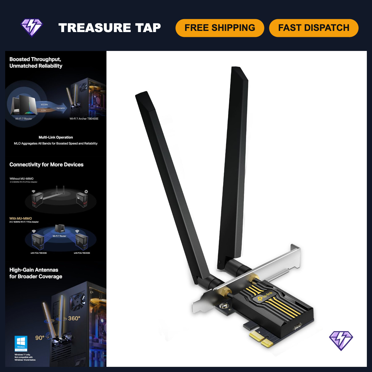 Tri-Band WiFi 7 PCIe Network Card for Desktop PC | High-Speed Wireless Adapter