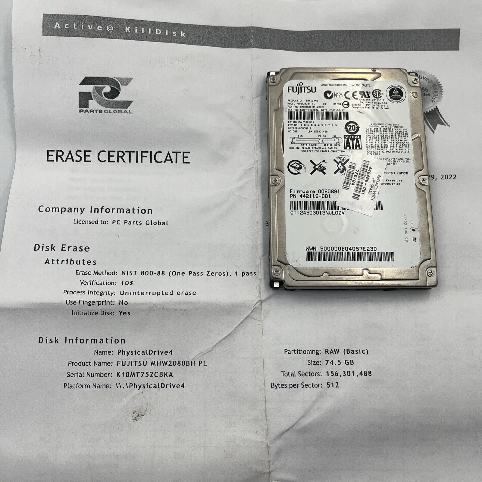 Fujitsu MHW2080BH 80GB SATA 2.5" Hard Drive Tested