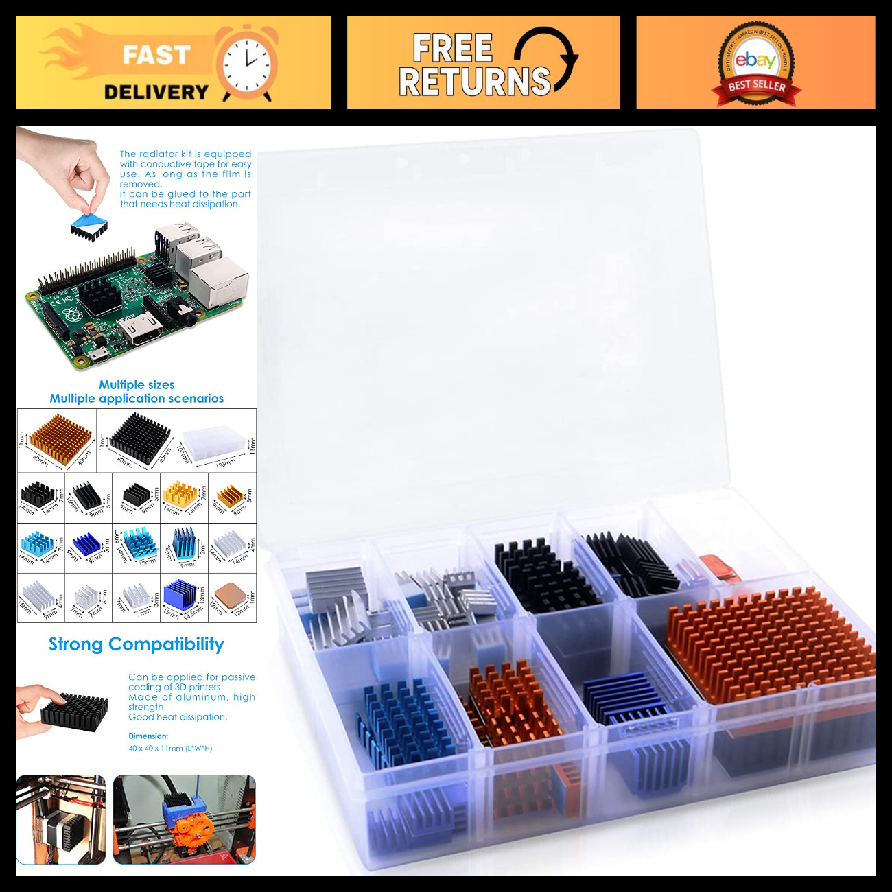 102pcs Heatsink Kit with Adhesive Tape for Raspberry Pi, CPU, GPU, LED Cooling
