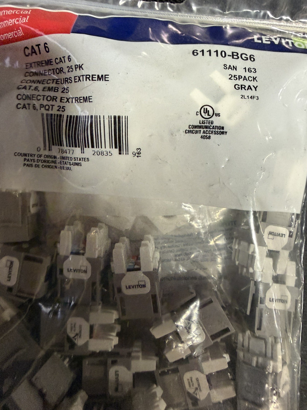 LEVITON (25 PACK) Extreme Cat 6 Quickport Jack Quickpack Gray 61110-BG6