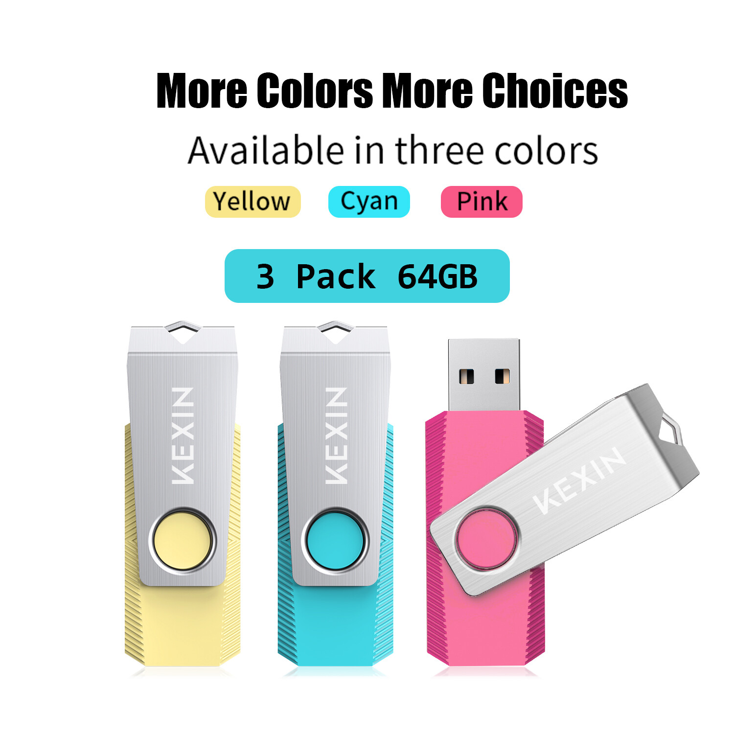 Kootion USB 2.0 64GB 3PCS Metal Anti-skid Flash Drive Memory Stick Mixed Color