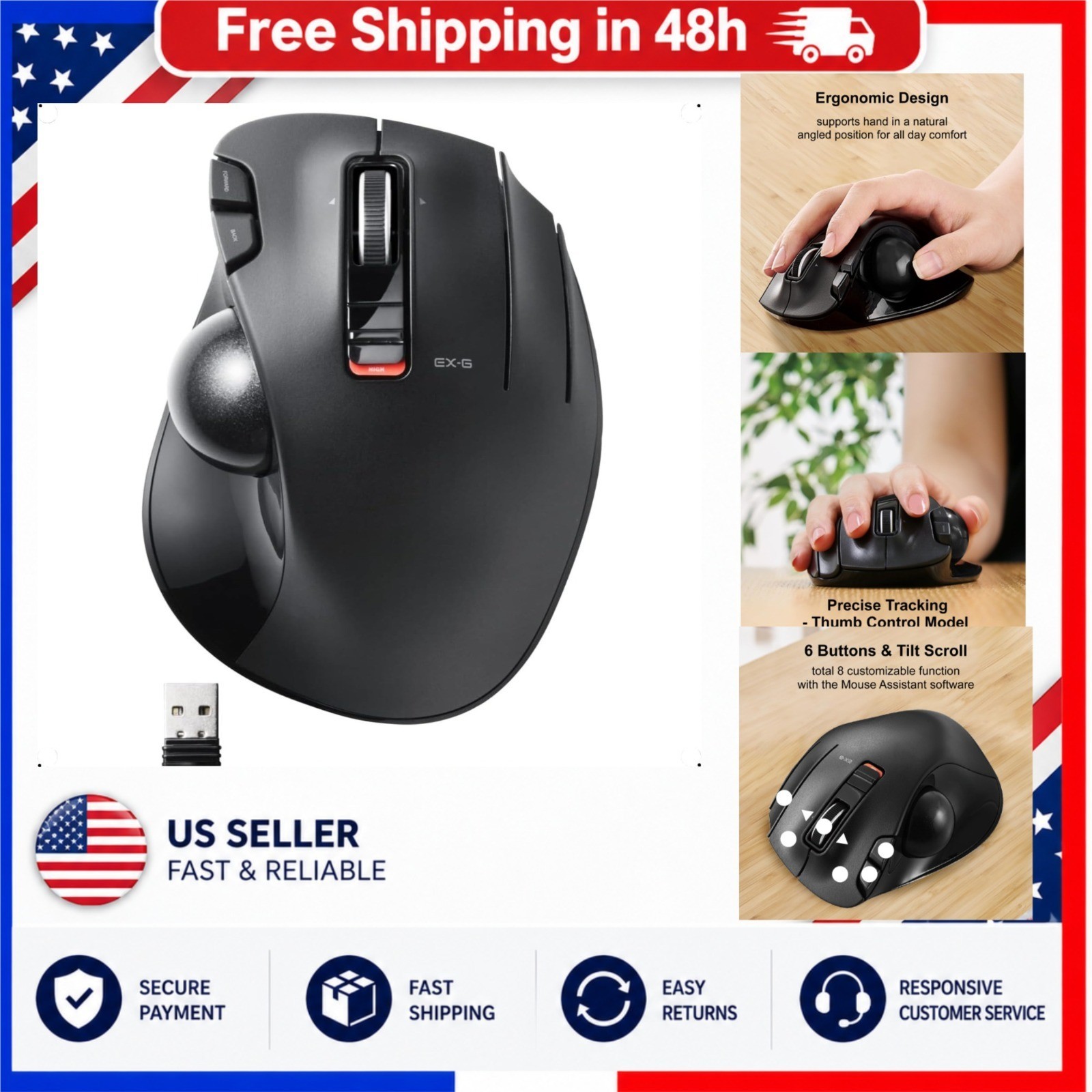 ELECOM EX-G Wireless Trackball Mouse 2.4GHz Ergonomic Thumb Control 6 Buttons