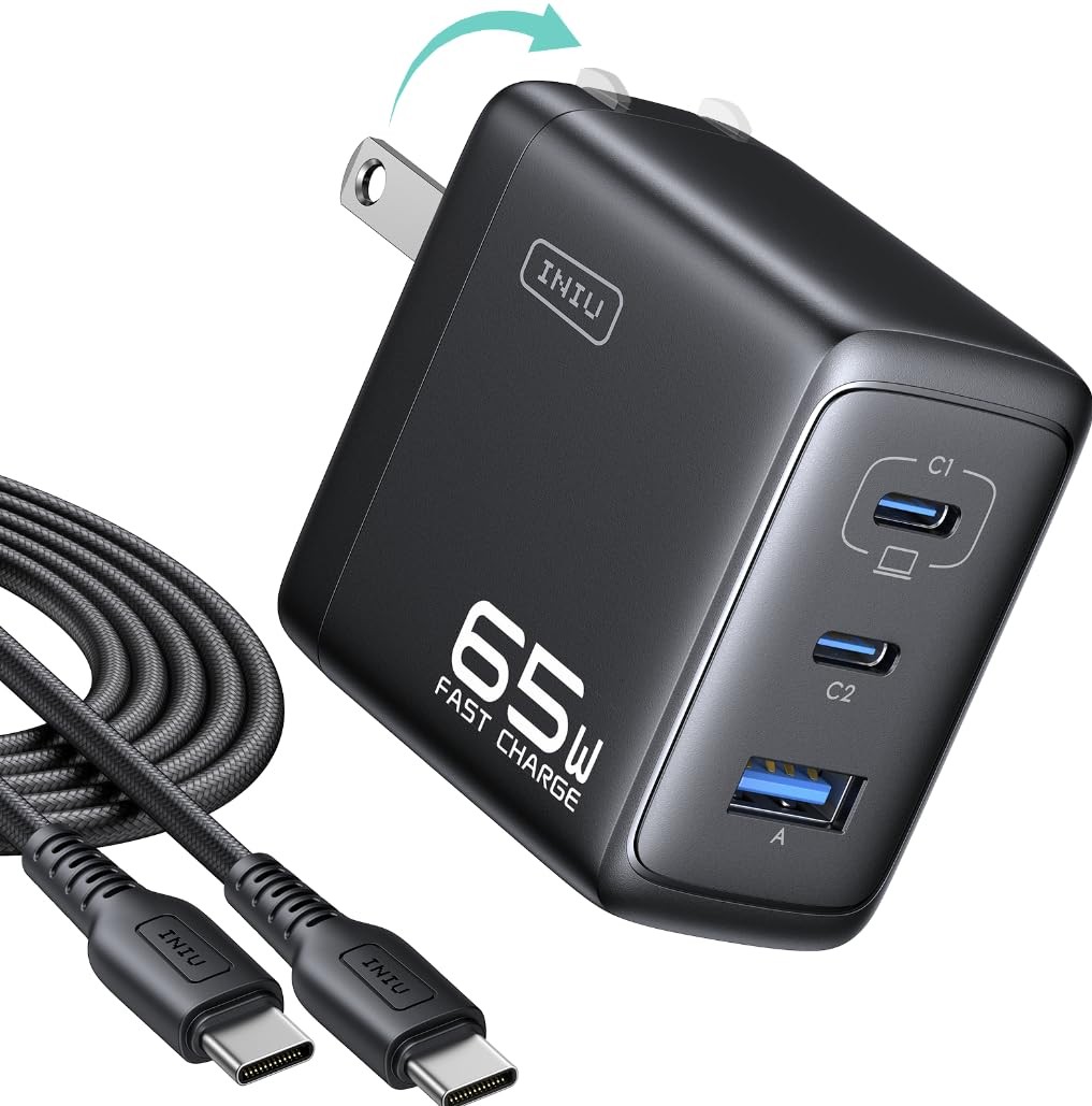 INIU 65W USB C Charger, 3-Port GaN Fast Charging C*2+USB A, Black