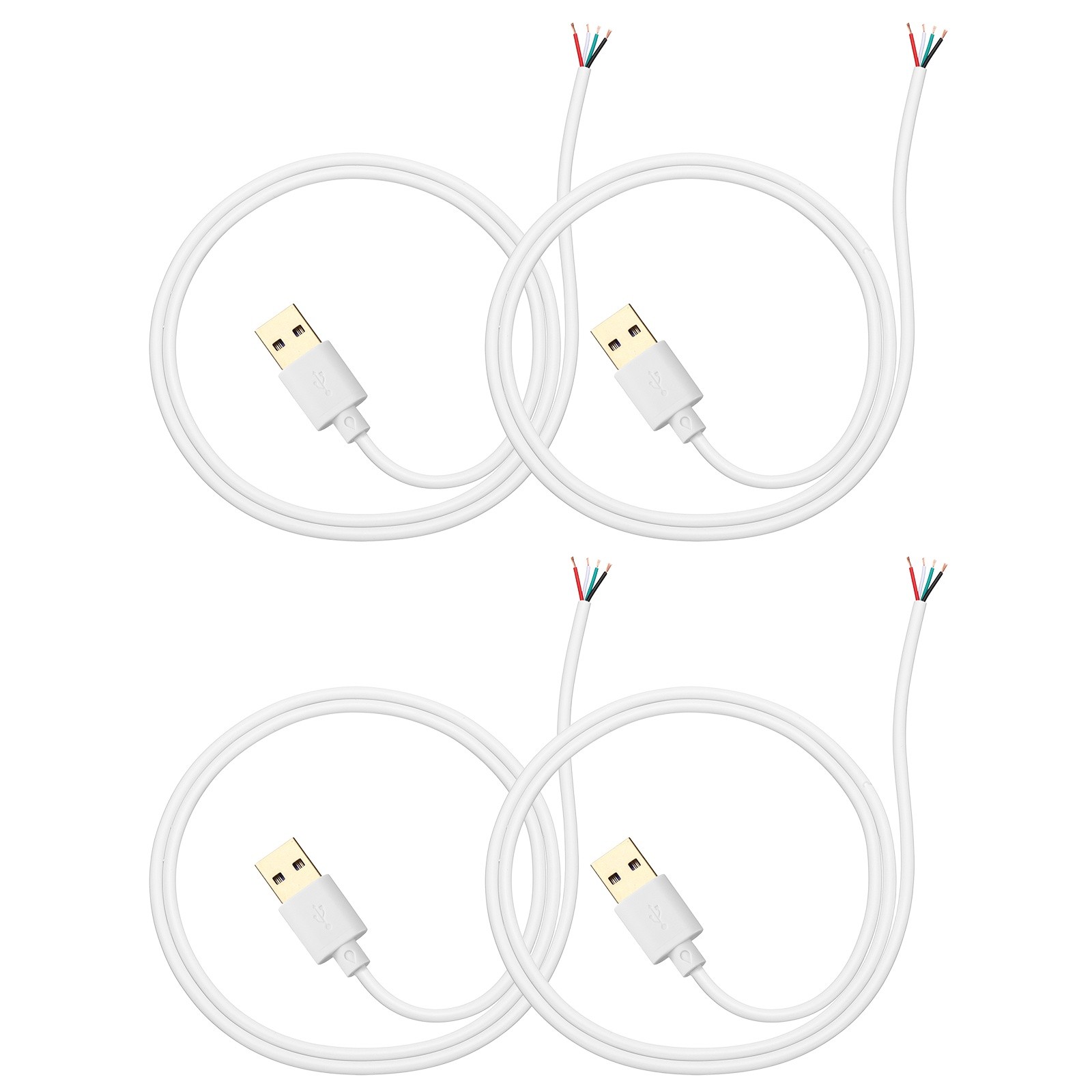 4Pcs 0.5m/1.64Ft USB Pigtail Cable, 5V 2.4A USB A to 4Pin Bare Wire, Gold White