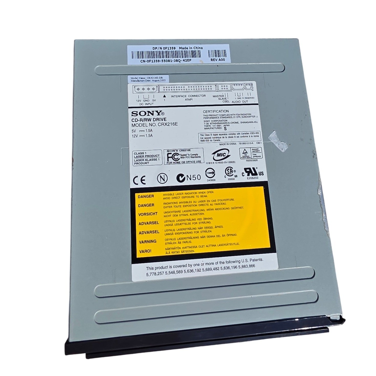 Sony CRX216E-DR CD-R/RW Internal Drive ATAPI IDE 52x DP/N 0F1359 Vintage 2003