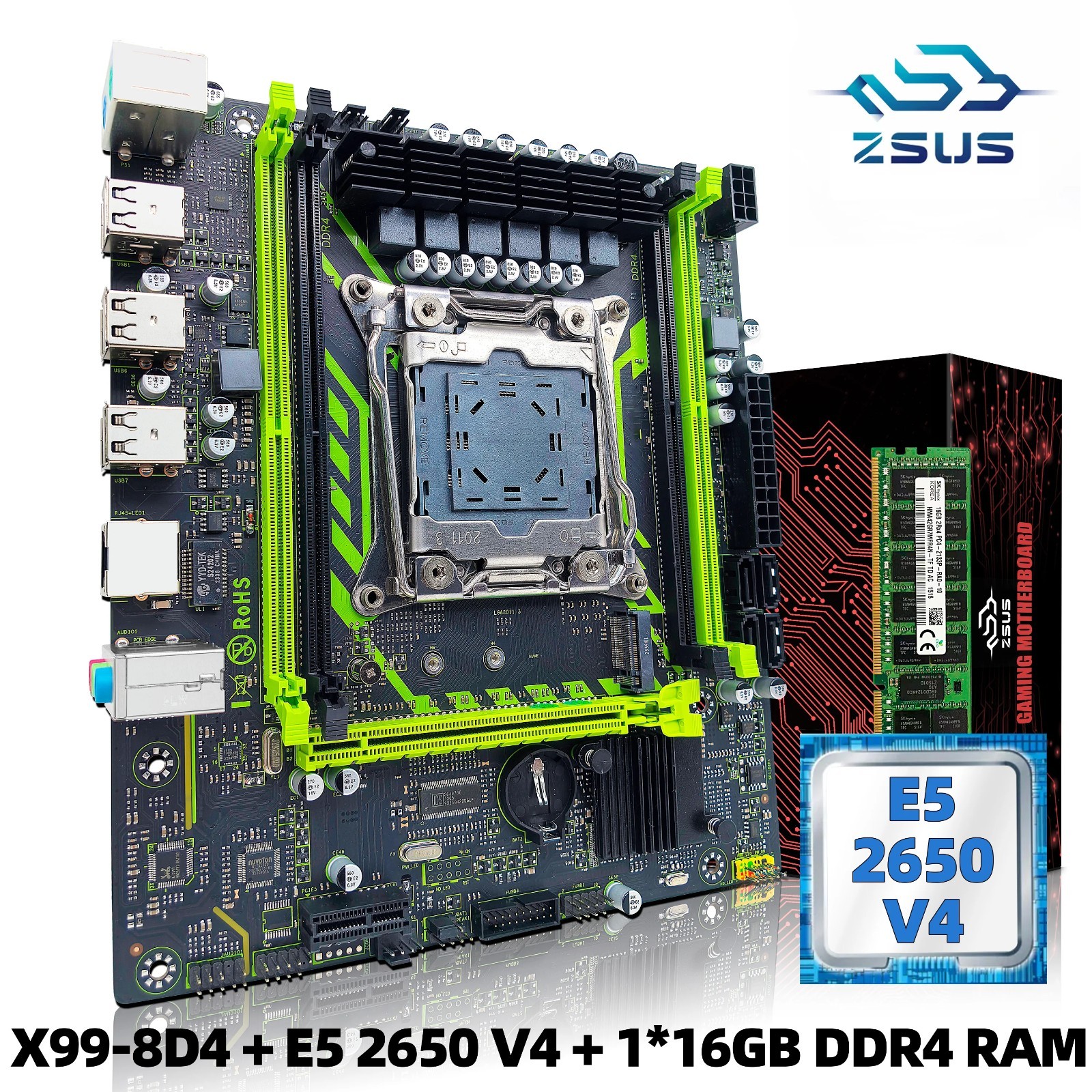 ZSUS X99-8D4 Motherboard Set Kit With LGA2011-3 Xeon E5 2650 V4 CPU DDR4 16GB T