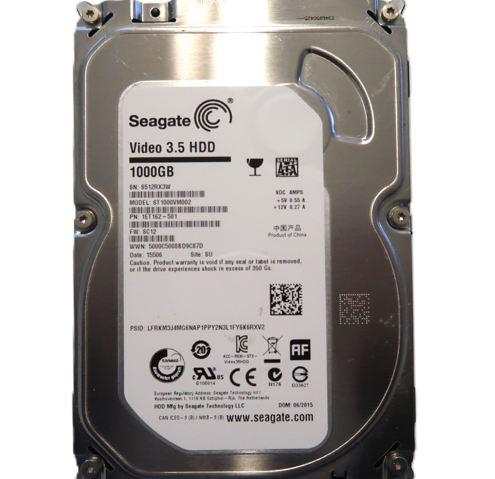 Seagate ST1000VM002 1ET162-501 SC12 (S512) SU China 3.5" 1TB Sata HDD 06/2015