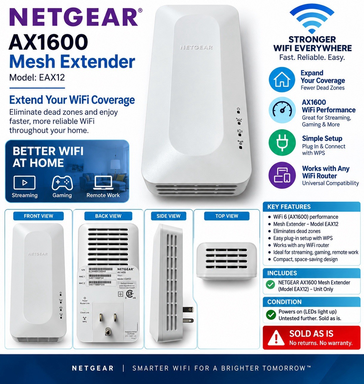 NETGEAR AX1600 WiFi 6 Dual-Band Mesh Range Extender EAX12 White