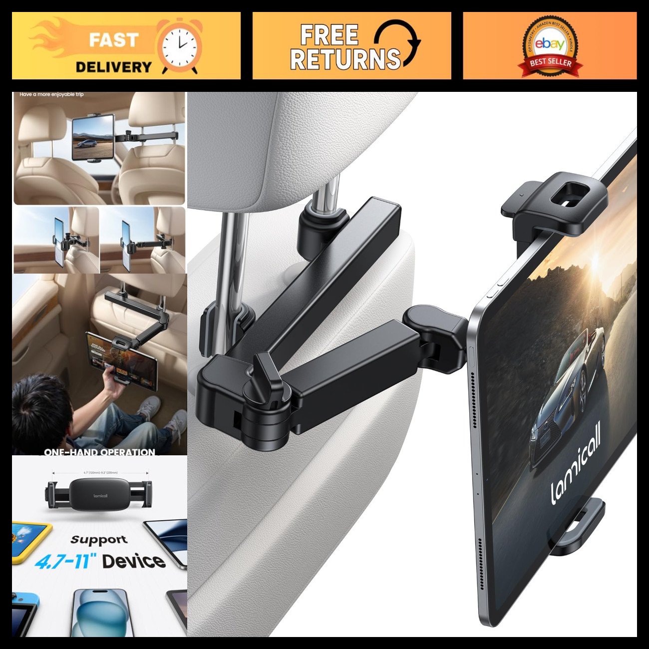 Adjustable 3-in-1 Car Headrest Tablet Holder, Universal Mount for iPad & Tablets