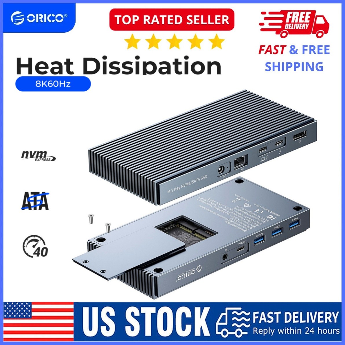 ORICO Thunderbolt 3 USB-C Docking Station 8K@60Hz DP1.4 M.2 NVMe/NGFF Enclosure