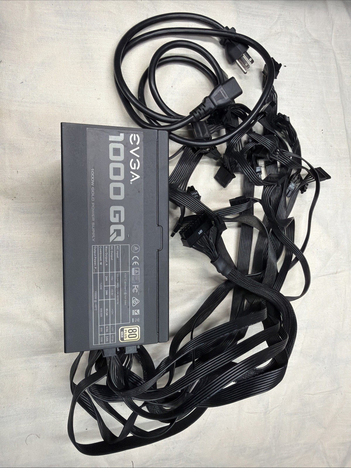 EVGA 1000 GQ 1000W 80+ Gold Power Supply. Tested. Complete Cables