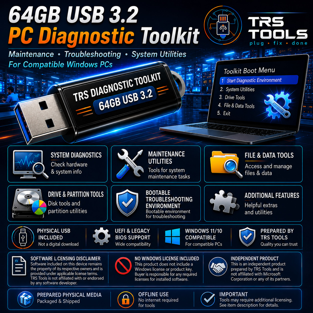 64GB USB 3.2 Bootable PC Diagnostic & Maintenance Toolkit for Compatible PCs
