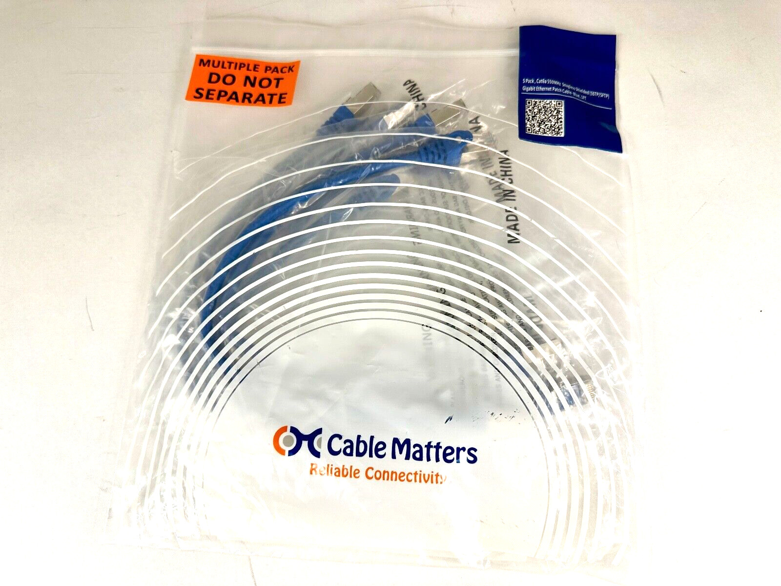 Cable Matters Snagless Shielded Cat6A 550Mhz SSTP Patch Cable (5-Pk) Blue 1Ft