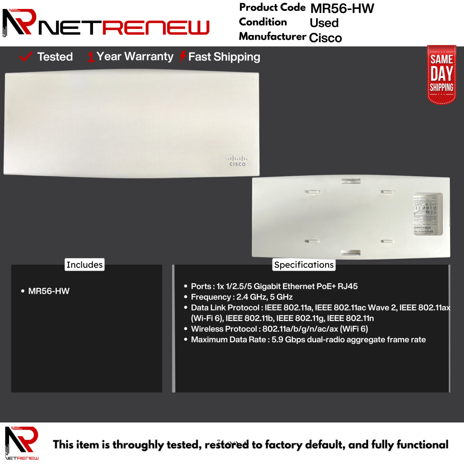 *Unclaimed* MR56-HW Cisco Meraki  Wireless Access Point w/ Mounting Kit