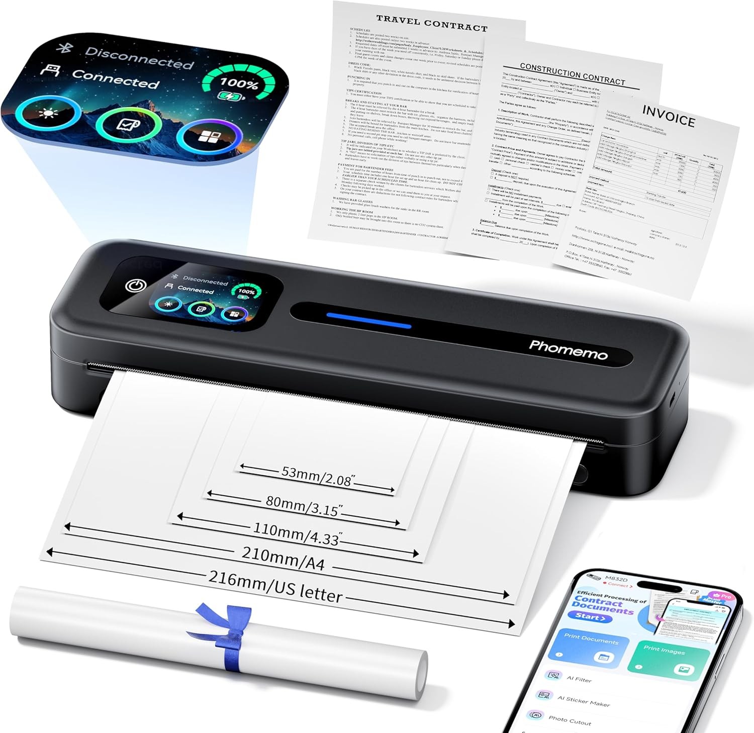 Upgraded Portable Printer W/ Touchscreen M832D Bluetooth Wireless Thermal