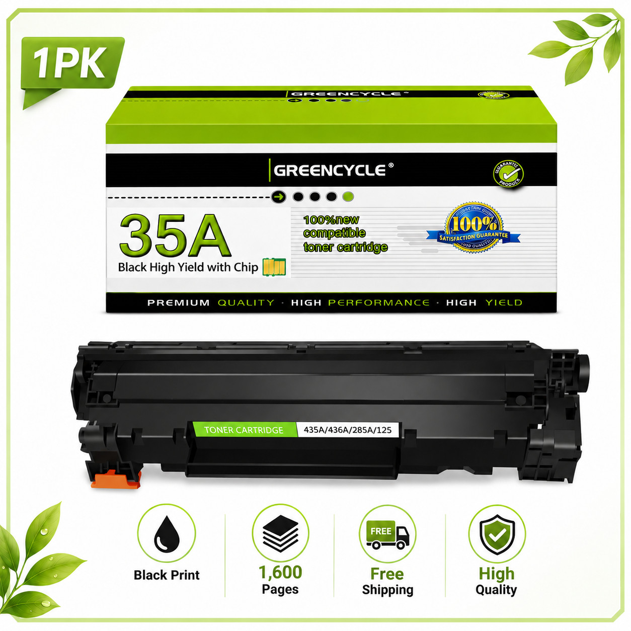 1pk Greencycle CB435A Toner Cartridge Fit For HP LaserJet P1003 P1004 P1005