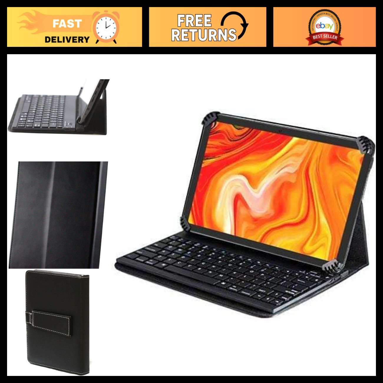 Folding Leather Folio Case & Stand with Bluetooth Keyboard for 10.1" Tablets