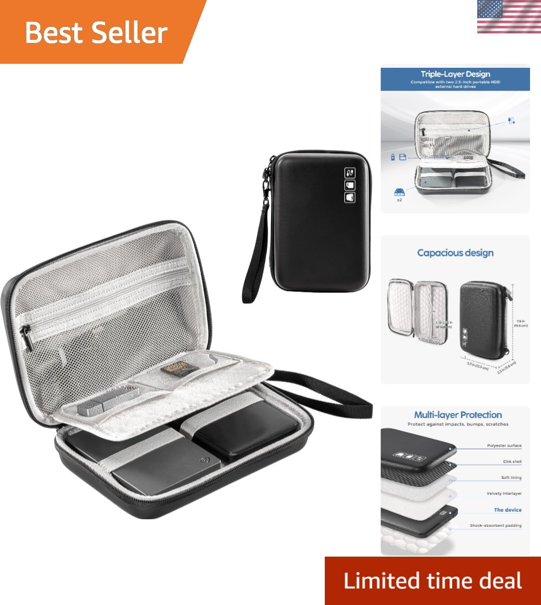 Stylish Black Hard Drive Case for 2 Drives - EVA Water Resistant Protection
