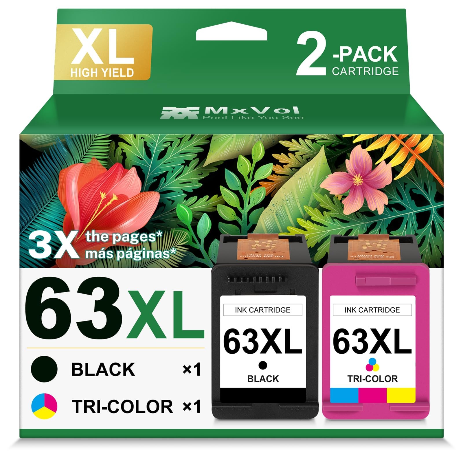 63XL Ink Cartridge Replacement for HP Ink 63 XL HP63 combo pack black color