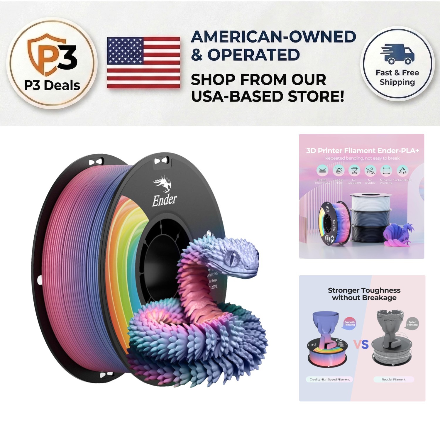 Durable 3D Printing Filament, 1kg Rainbow PLA+, 1.75mm - Compatible & Accurate