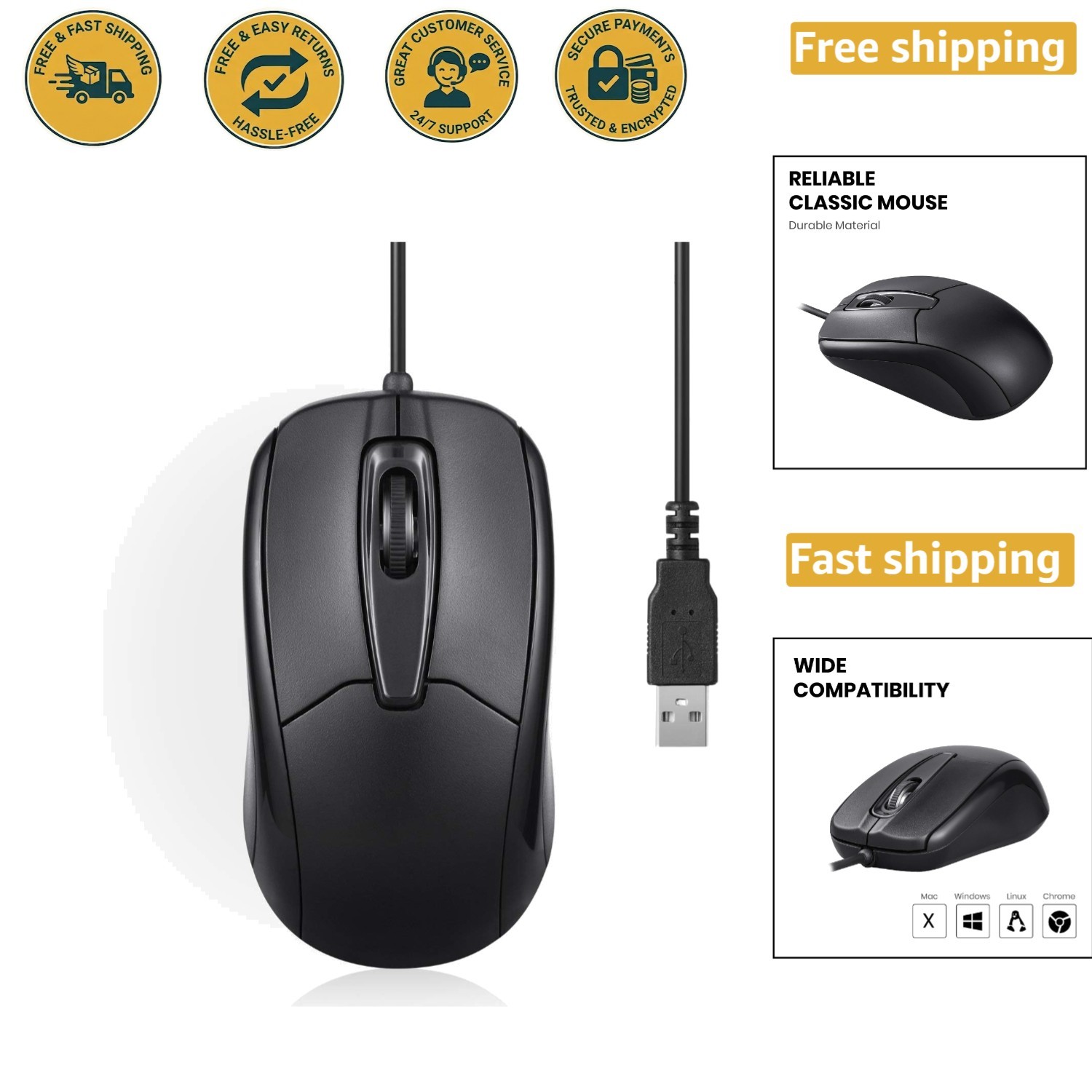 Lightweight USB Wired Optical Mouse with 5.9 Ft Cable - Ambidextrous, 1000 DPI