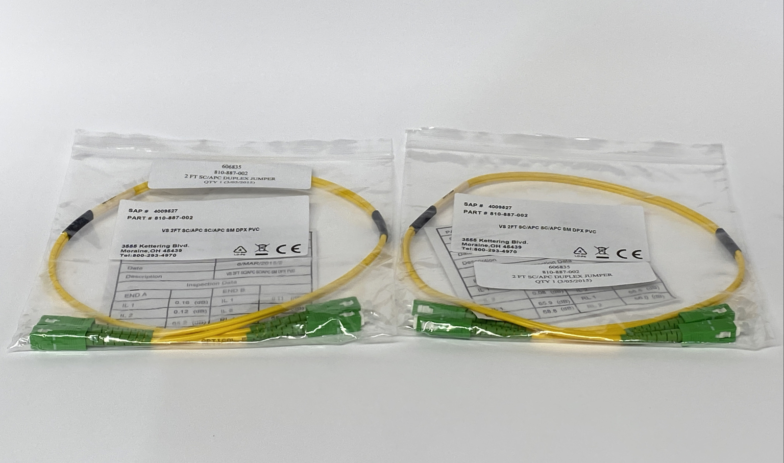Simplex 810-887-002 Fiber Optic Patch Cable VS 2FT SC/APC SM DPX PVC 2-Pack New