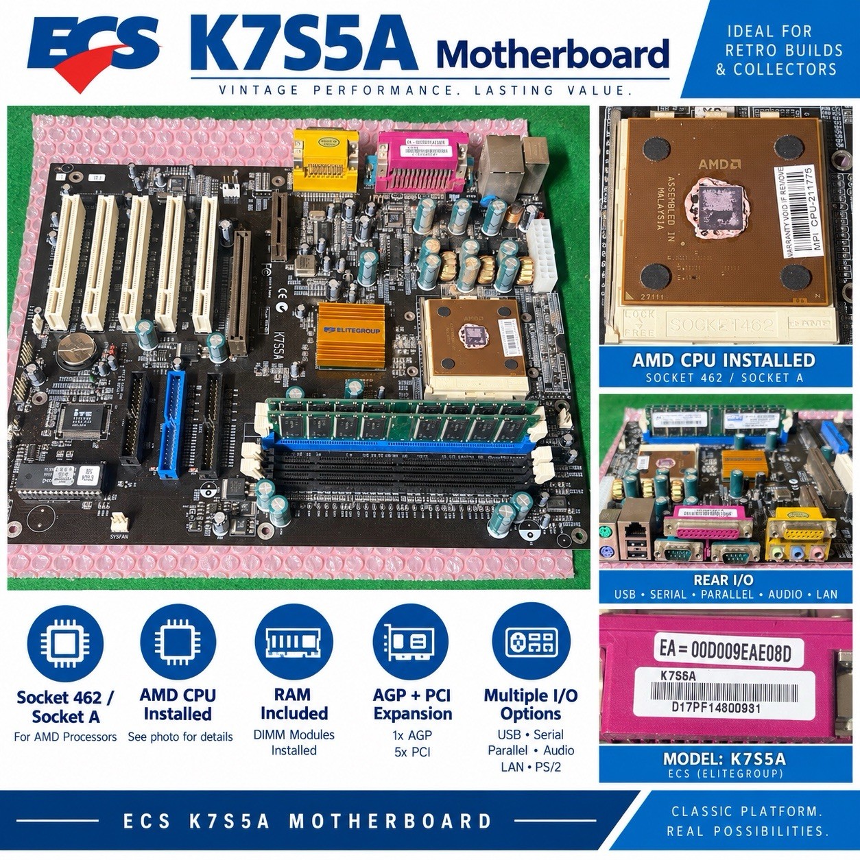 ECS K7S5A Socket A Motherboard AMD Athlon XP CPU DDR SDRAM AGP PCI Vintage @MB2