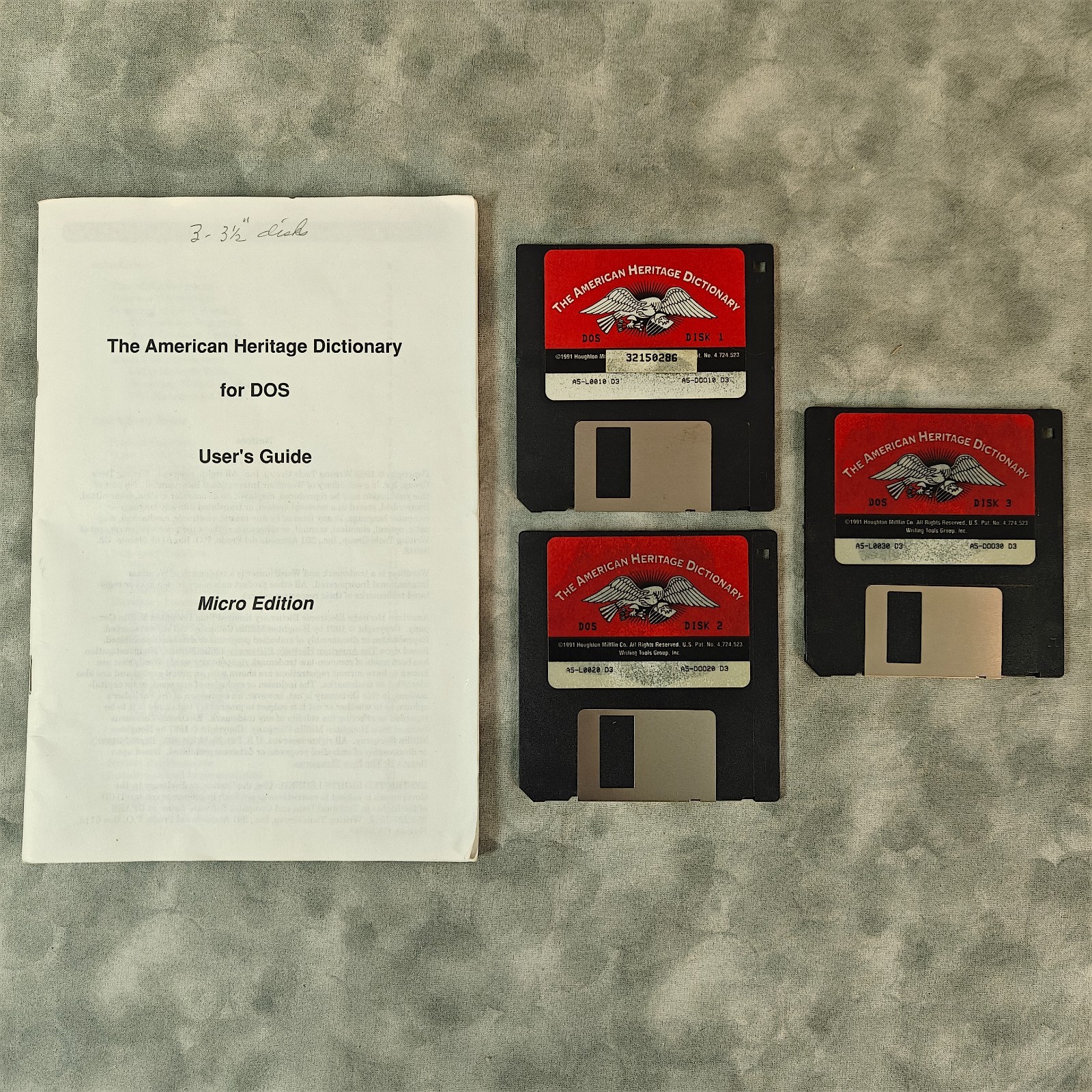 Vintage 1991 American Heritage Dictionary DOS Micro Edition 3-Disk 3.5" Set & Gu