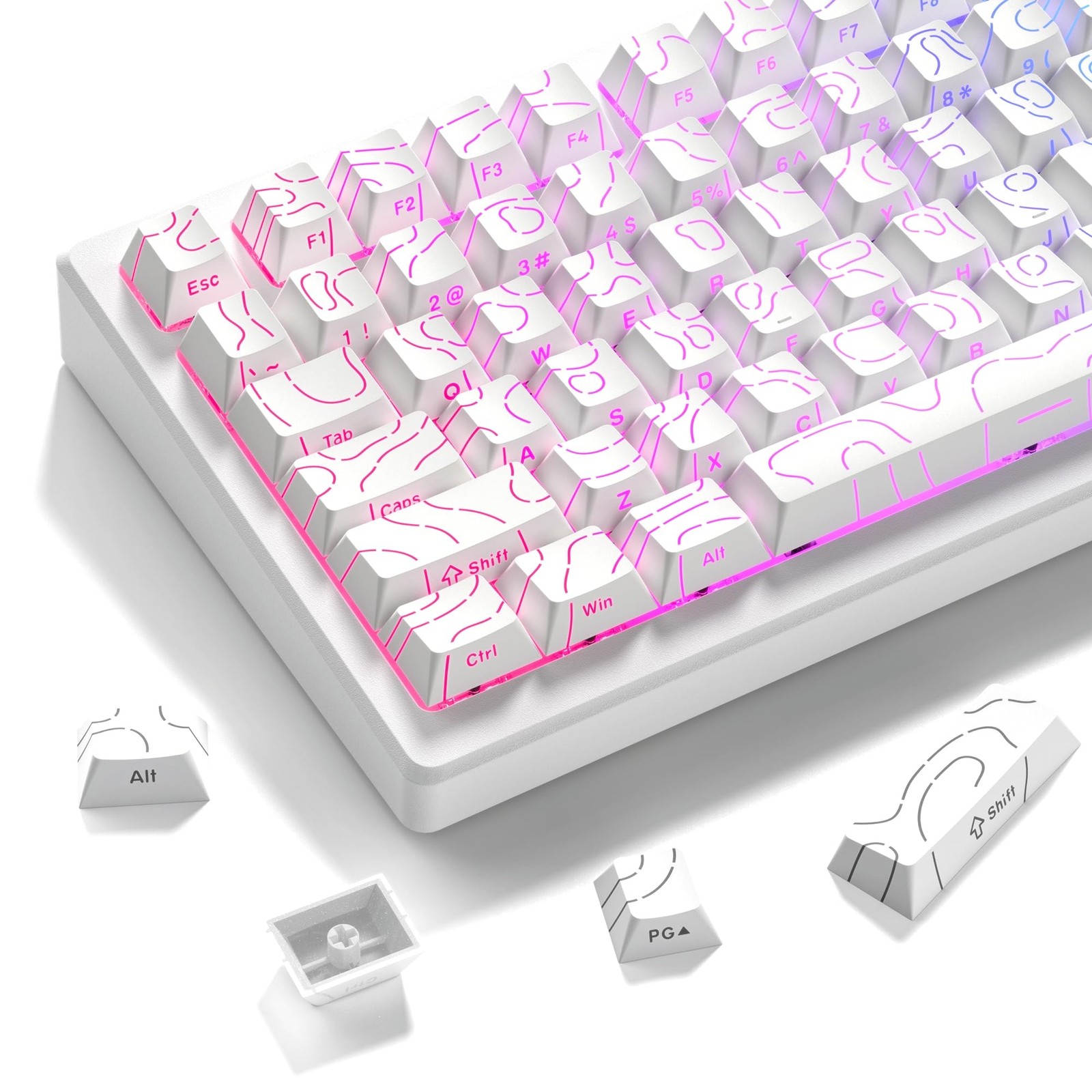 White Topographic Line Backlit Keycaps, Cherry Profile, Side Printed, 98key Set