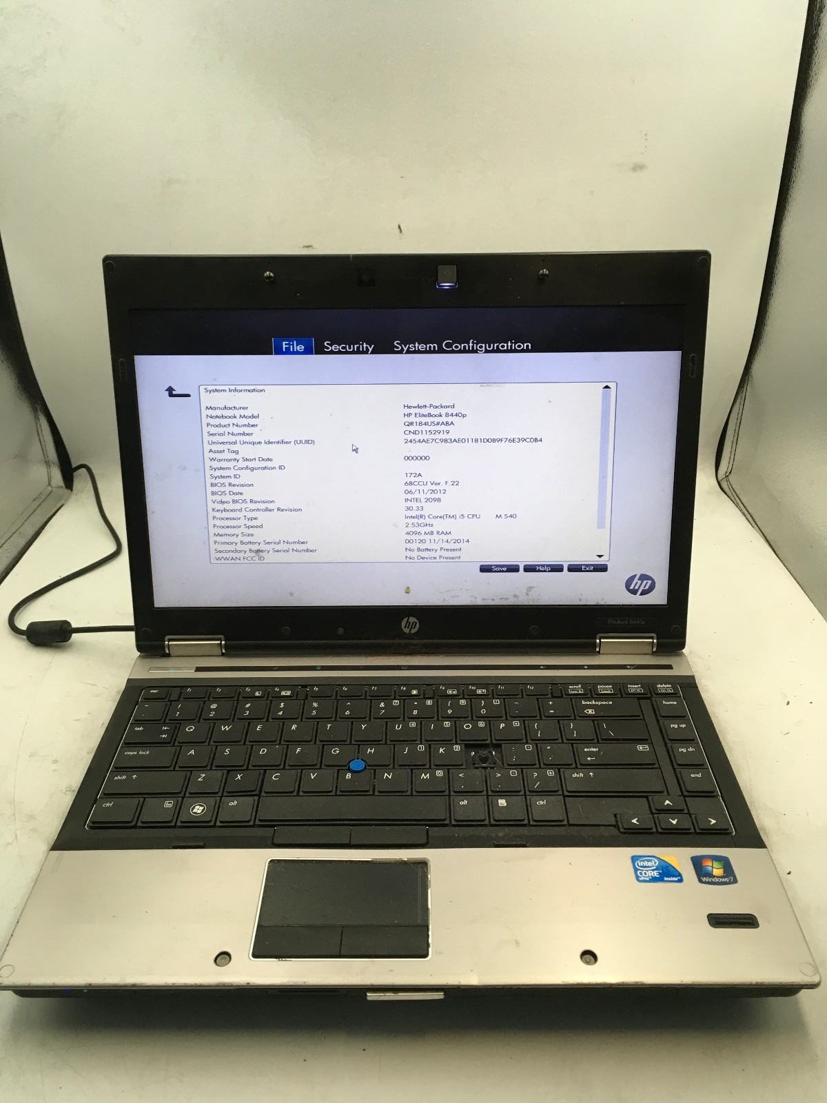 HP ELITEBOOK 8440P - BOOTS TO BIOS - INTEL I5 M540 - 4GB RAM - 14" -READ DESC-BB