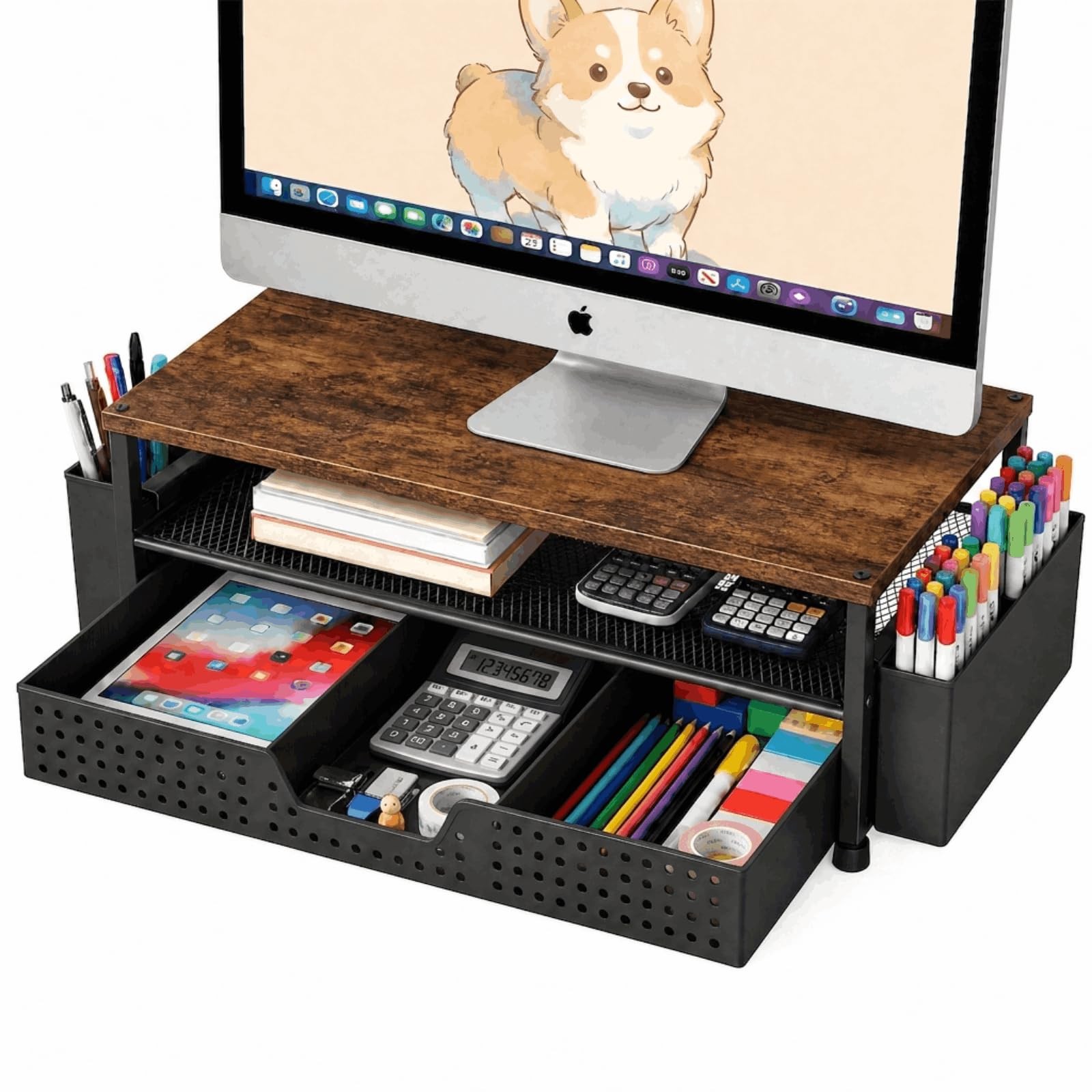 ECOLOVI Desk Organizer and Accessories, 2-Tier Computer Monitor Walnut Brown