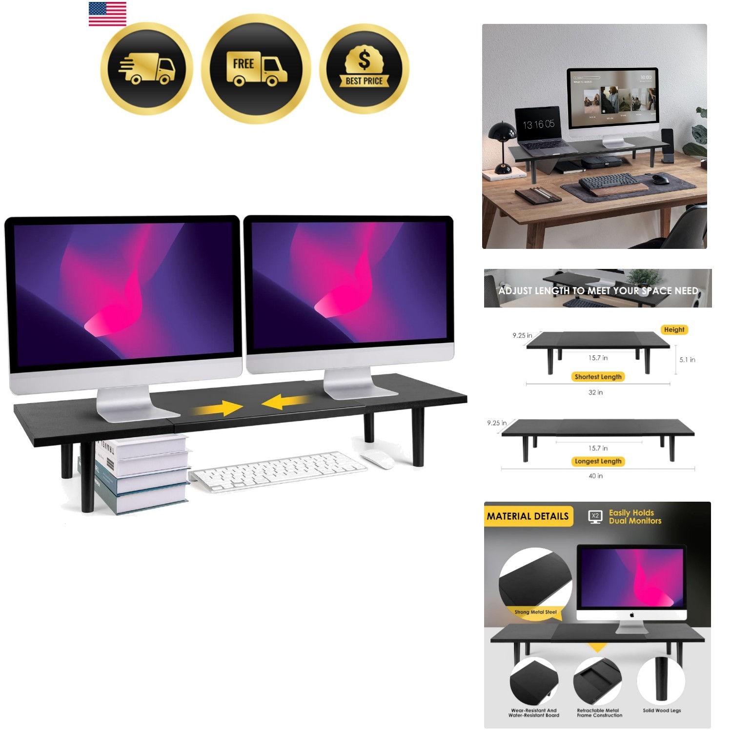 Adjustable Dual Monitor Stand Riser for Desk 32-40 Inch Black Office Organizer