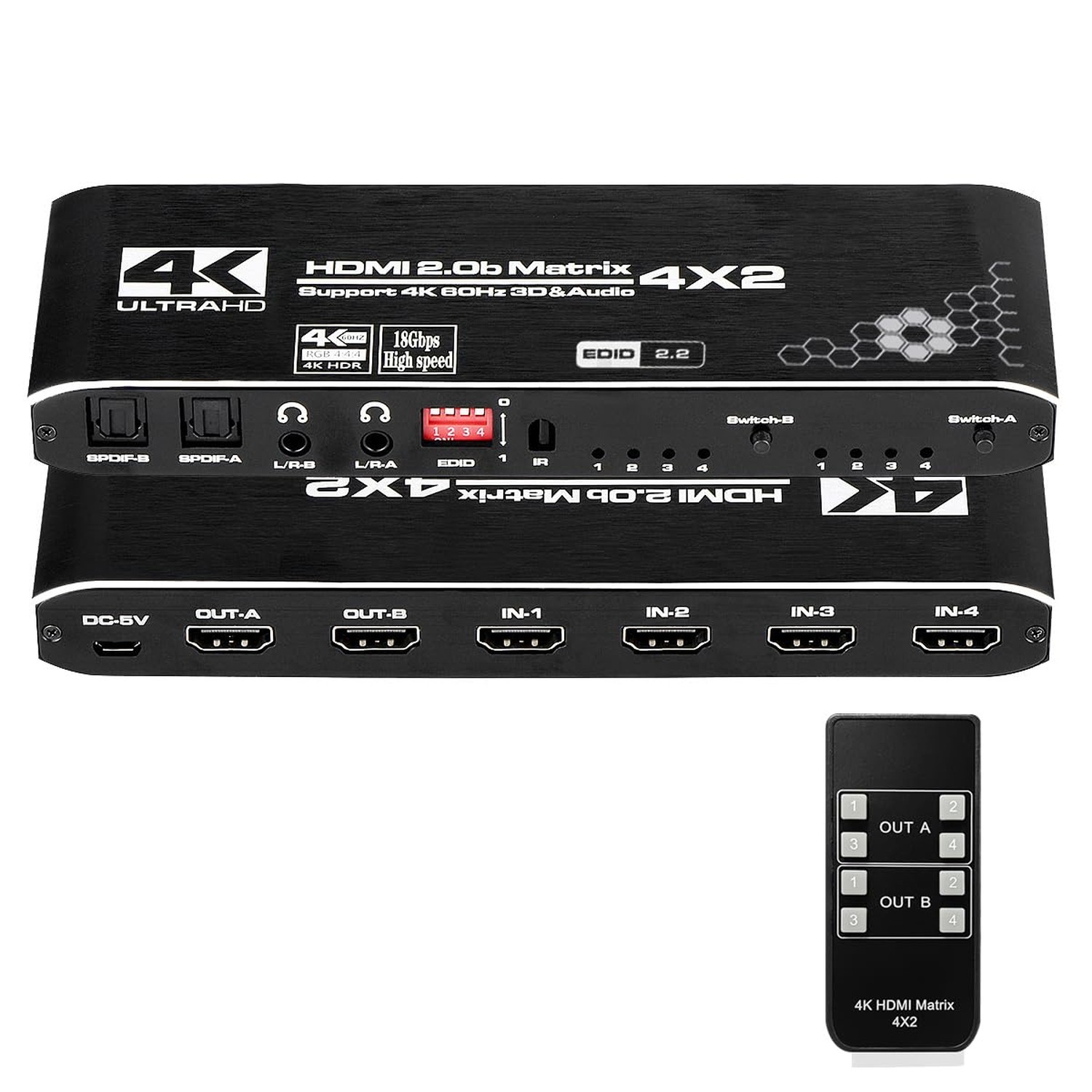 HDMI Matrix Switch 4x2, 4K HDMI Matrix Switcher Splitter 4 in 2 Out Box with ...