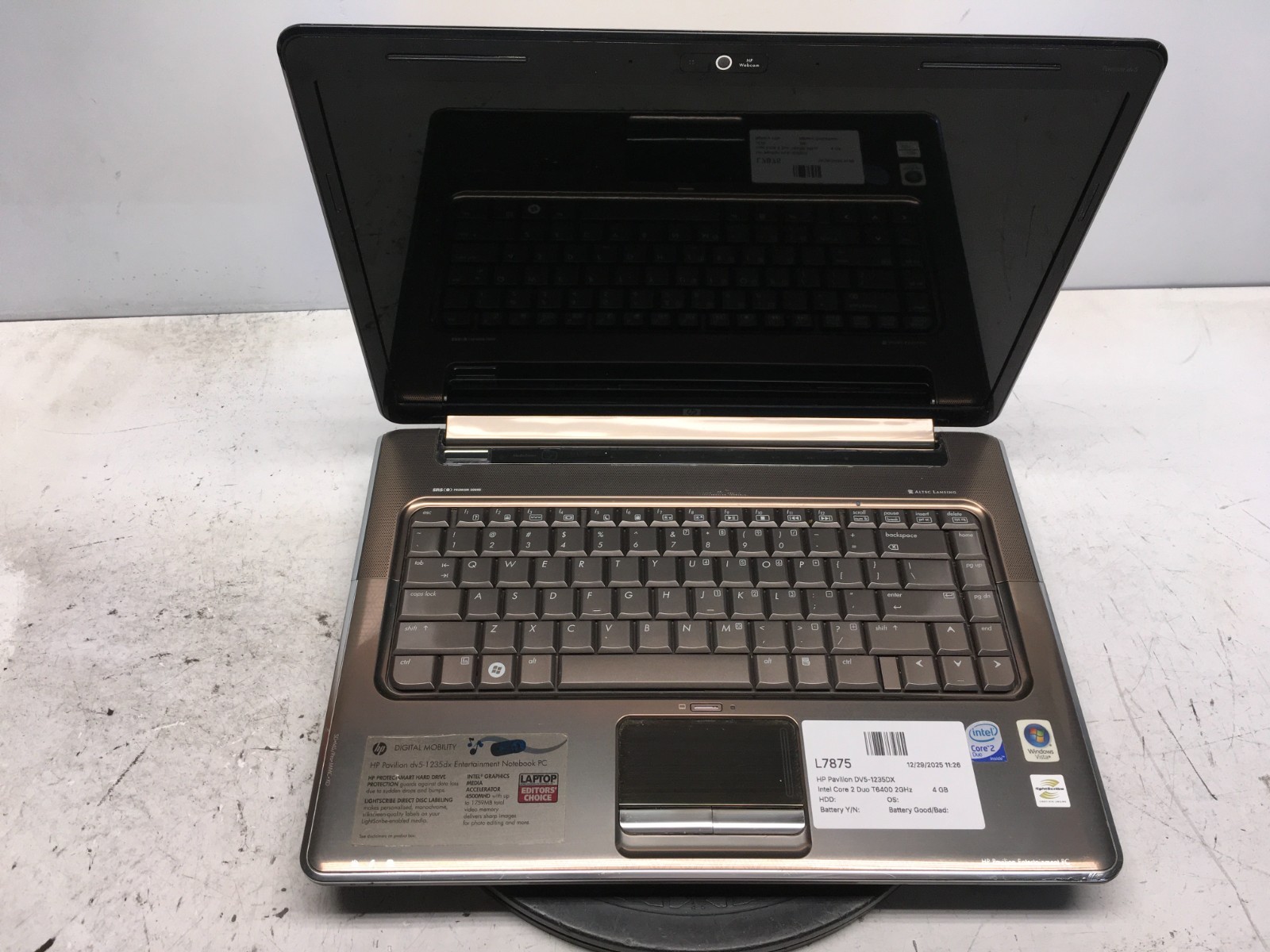 HP Pavilion DV5-1235DX Intel Core 2 Duo T6400 2GHz 4 GB NO HDD
