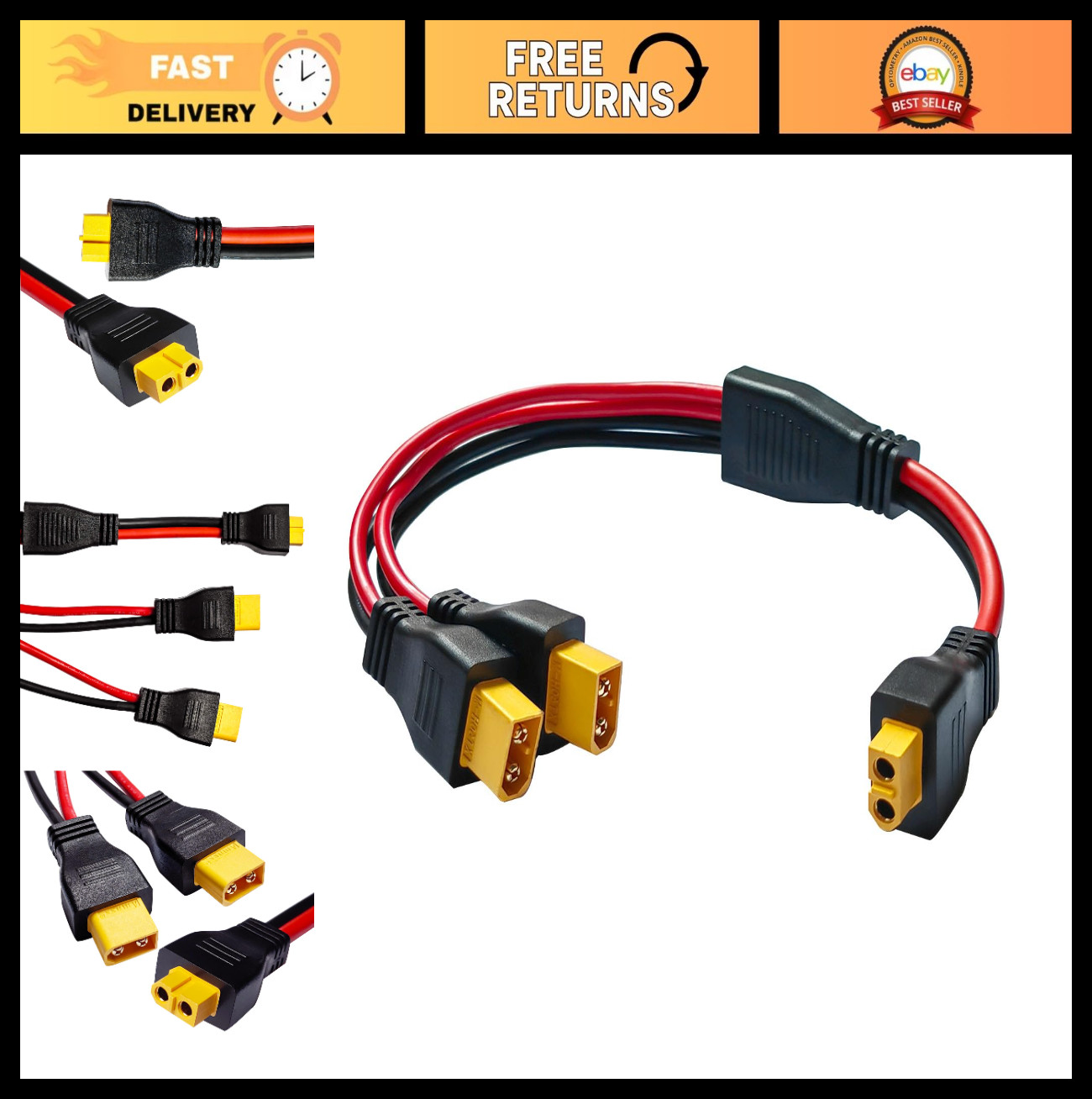 XT60 Y Splitter Cable - Dual Male Connector Adapter, 10AWG Extension for Drone,