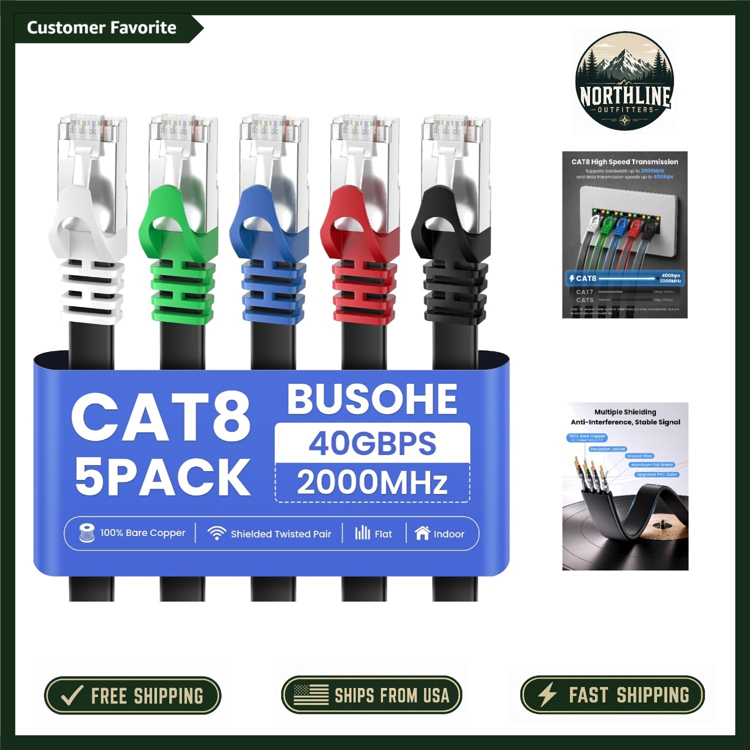 Versatile Cat8 Ethernet Cable 10FT - 40Gbps Network Cord for Gaming & Streaming