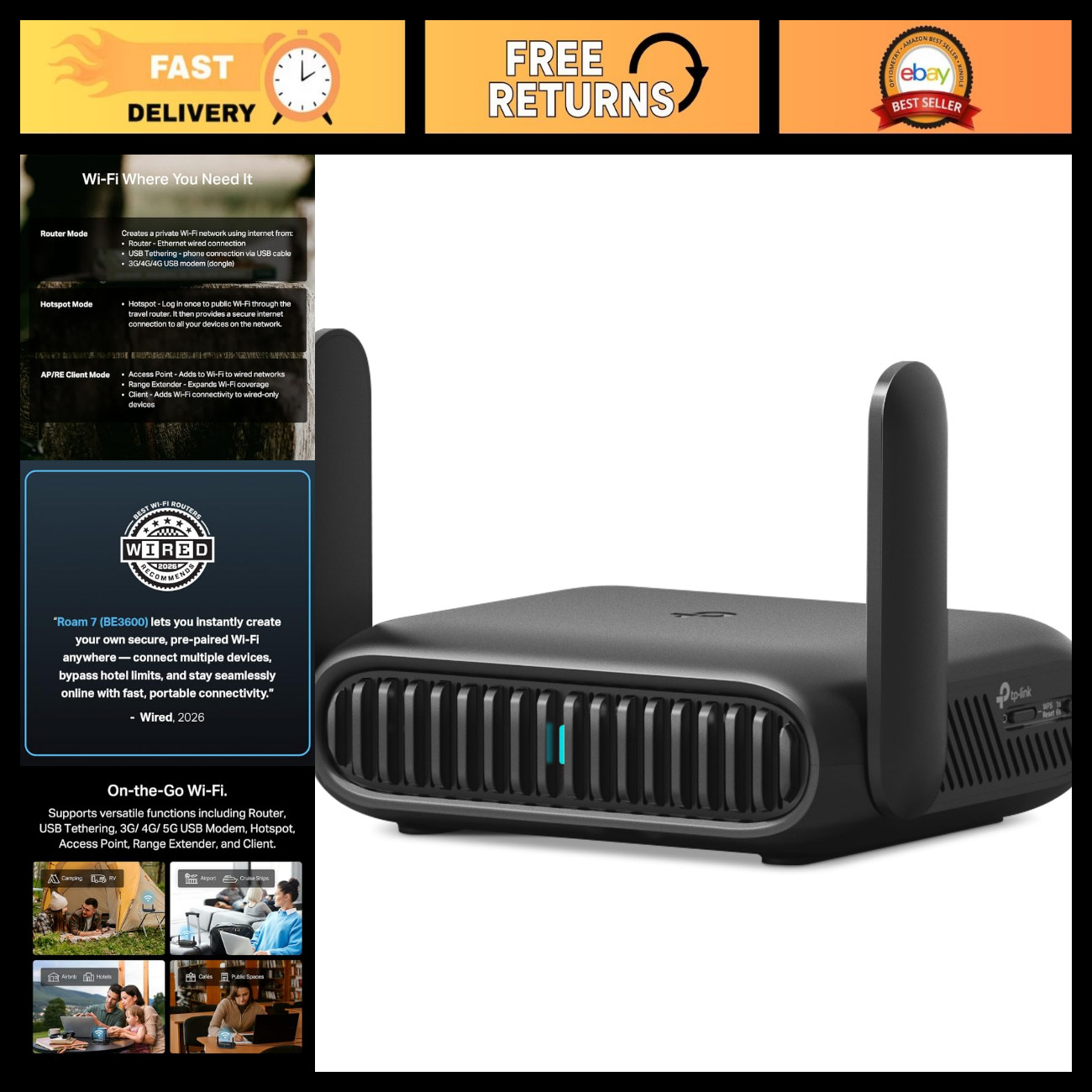 Portable Wi-Fi 7 Travel Router, Dual-Band, 2.5G Port, USB 3.0 - Fast Internet Ac