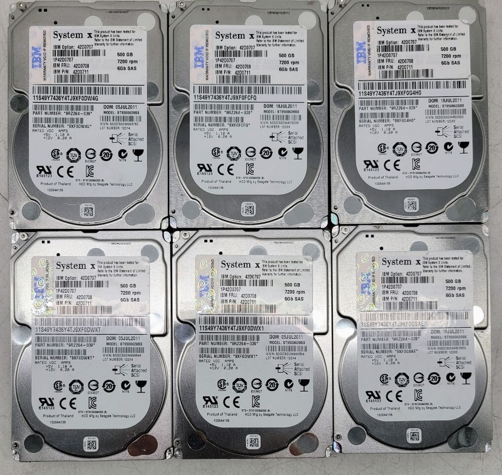 Lot of 6 IBM 500GB 7200 RPM 2.5" 6GBps SAS Hard Drive