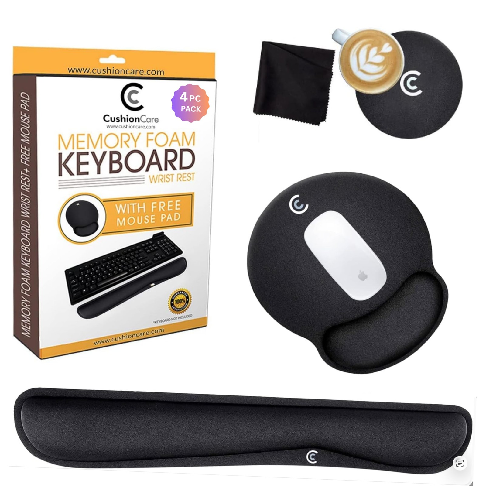 4pc Wrist Rests for Keyboard and Mouse Pad Set - Memory Foam Large, Black 