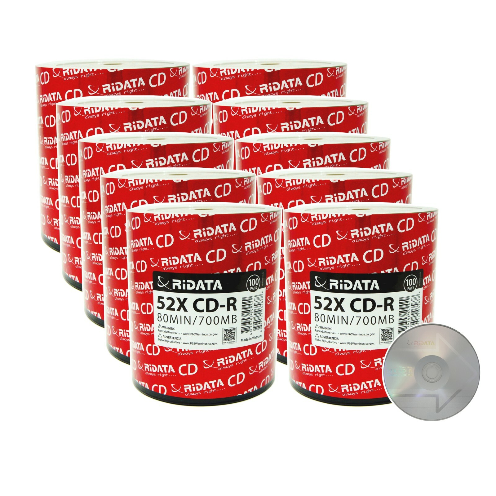 1000 Pack Ridata CD-R 52X 700MB/80Min Branded Logo Blank Media Recordable Disc