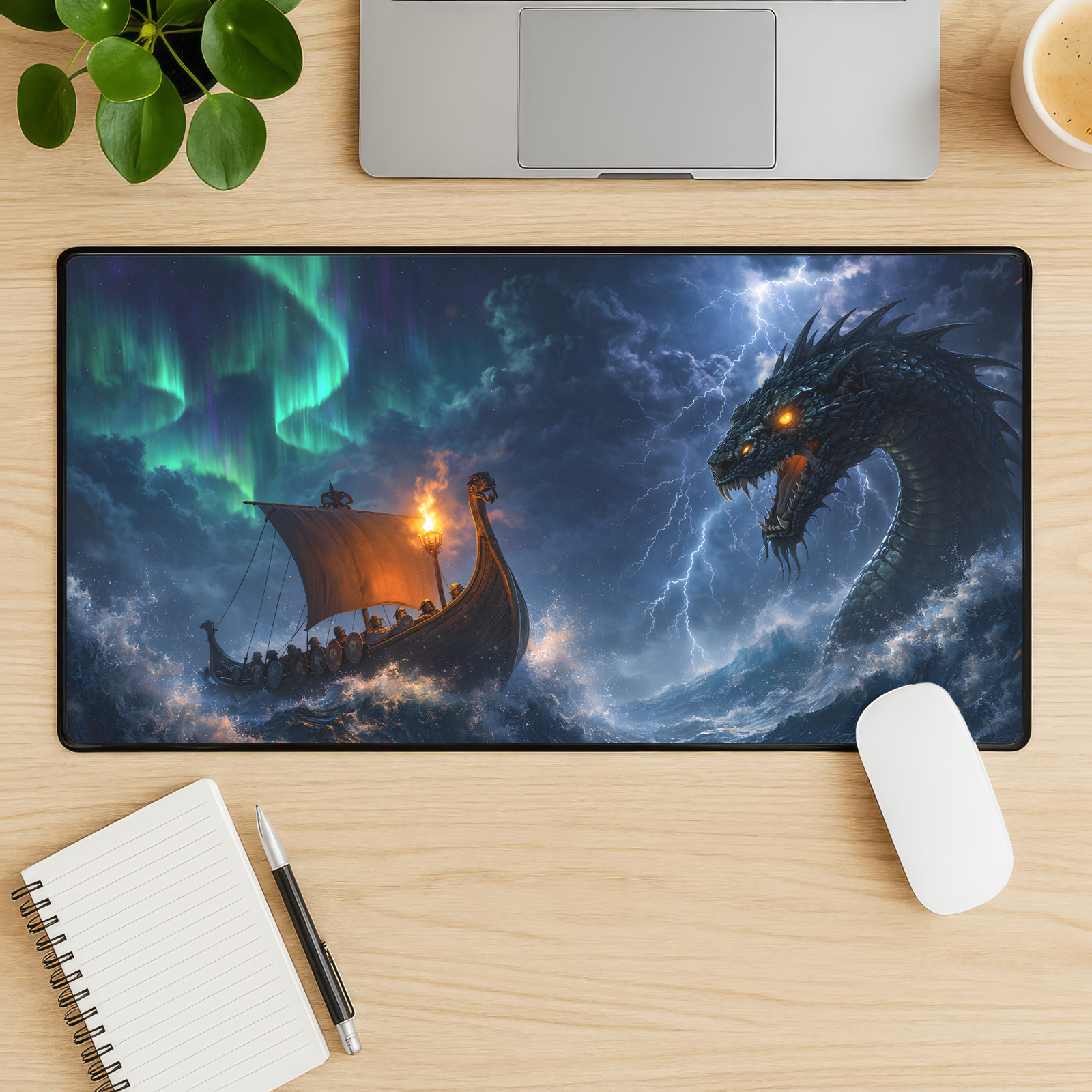 Viking Longship Storm Desk Mat 16x32 Norse Ship Mouse Pad XL